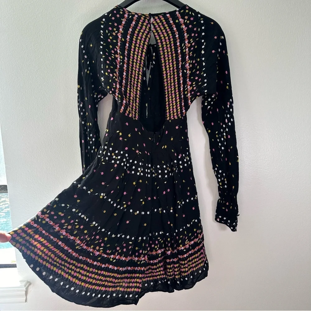 Free People Coryn Mini Dress Black Printed Open Back Long Sleeve Size 2